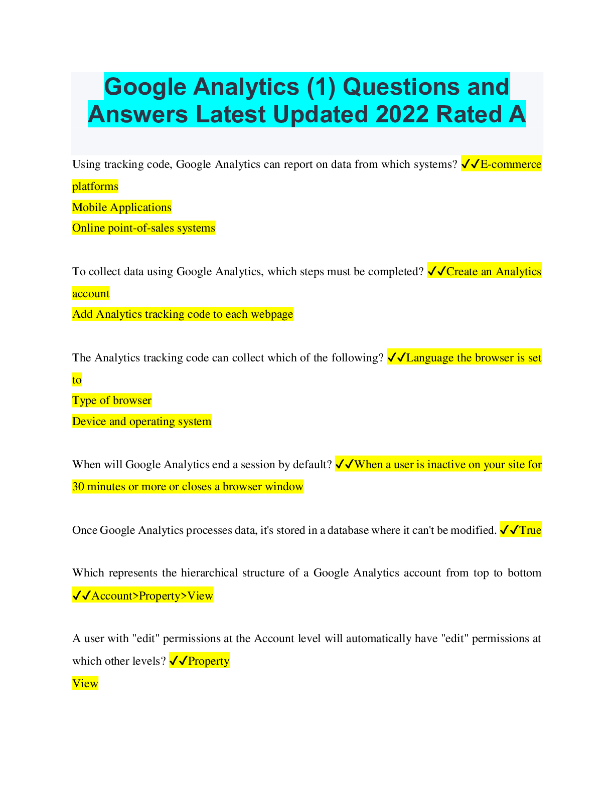 Preview image for Google Analytics (1) Questions and Answers Latest Updated 2022 Rated A